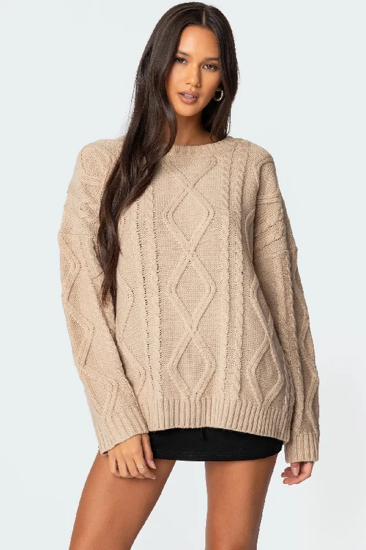 V - Neck Women's Ribbed Wool Sweaters for FallKennedy Oversized Cable Knit Sweater