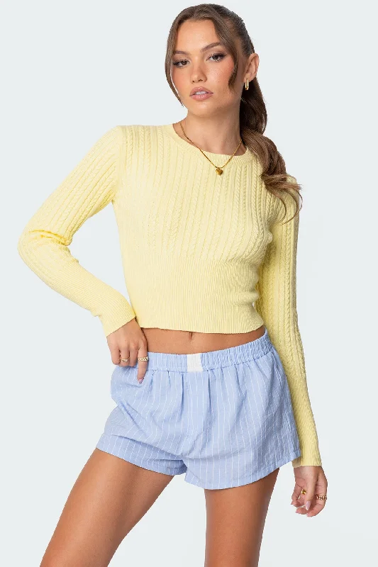 Short Sleeve Women's Cotton Blend Sweaters in Pastel ColorsMallory Cable Knit Sweater