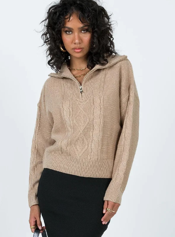 V - Neck Women's Ribbed Wool Sweaters for FallSommers Quarterzip Sweater Beige