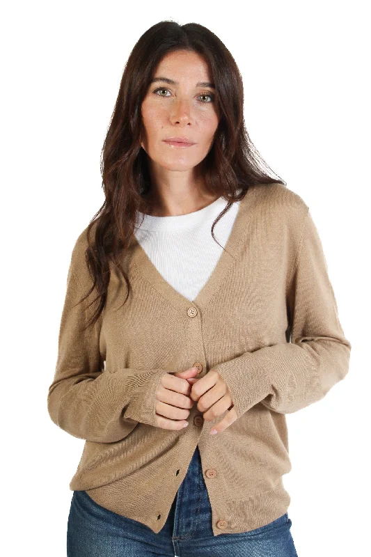 long length women cardigan with side slitsCamel V Neck Everyday Cardigan