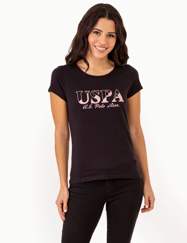 Embroidered Women T Shirt with Intricate DetailsUSPA METALLIC SLASHED FOIL T-SHIRT