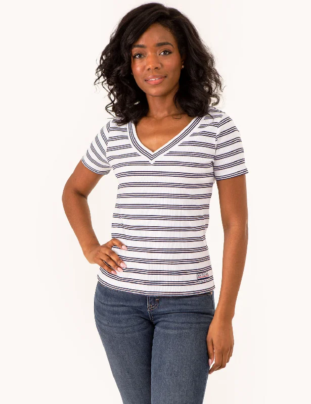 Striped Women T Shirt in a Classic PatternV-NECK RIBBED STRIPED TOP