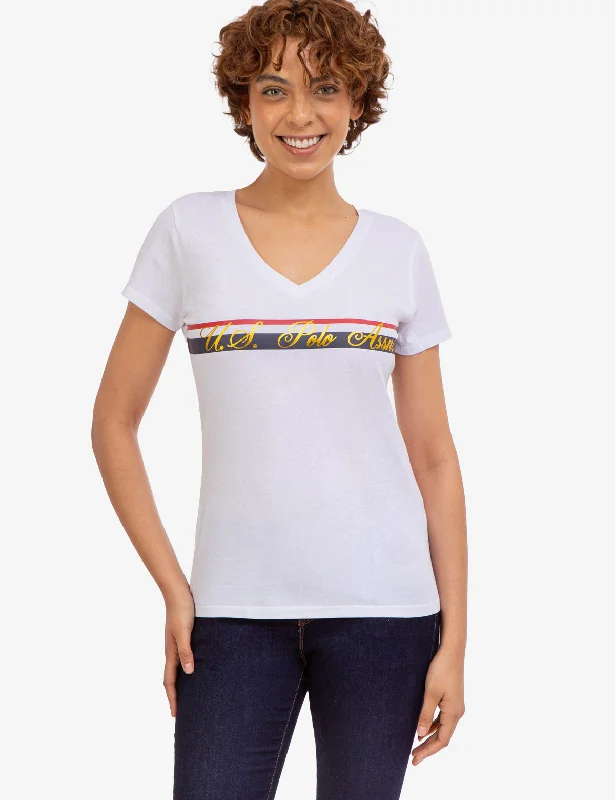 Moisture - Wicking Women T Shirt for Active LifestylesV-NECK STRIPE FOIL GRAPHIC T-SHIRT