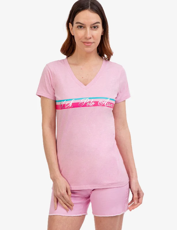 Sheer Women T Shirt for a Stylish and Alluring LookV-NECK STRIPE FOIL GRAPHIC T-SHIRT