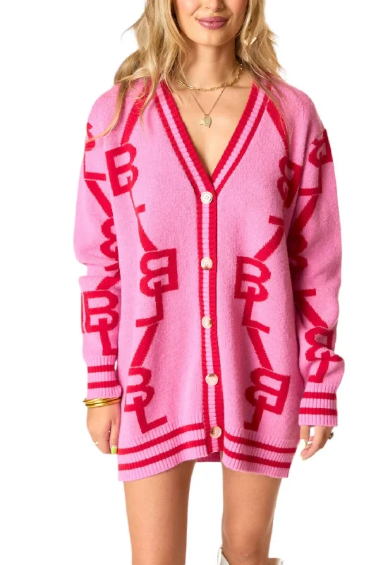 machine washable women cardigan for easy careVarsity Lovey Dovey Cardigan In Pink/red