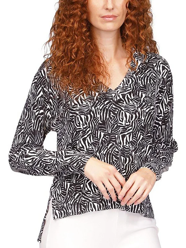 Plus Size Women's Side - Slit Sweaters in Bold SolidsWomens Animal Print Long Sleeve V-Neck Sweater