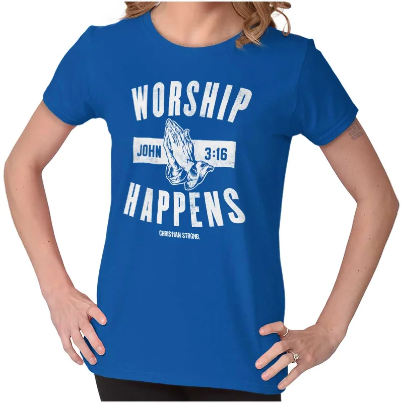 Graphic Print Women T Shirt for a Trendy StatementWorship Happens Ladies T Shirt