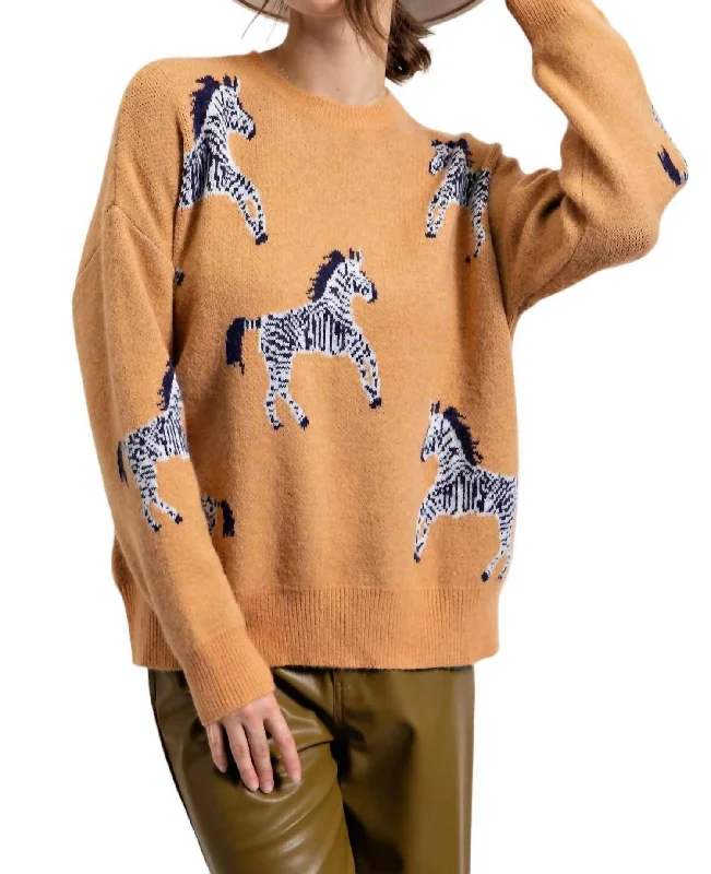 High - Low Hem Women's Cashmere - Blended SweatersZebra/animal Pattern Sweater In Camel