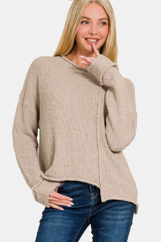 Boat Neck Women's Merino Wool Sweaters in Neutral ShadesZenana Asymmetric Hem Drop Shoulder Sweater