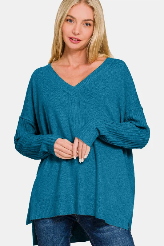 Short Sleeve Women's Cotton Blend Sweaters in Pastel ColorsZenana V-Neck Side Slit High-Low Sweater