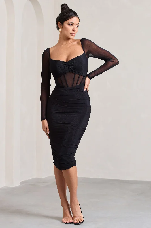 Pleated Women Dress with a Timeless and Elegant TextureAbiba | Black Ruched Front Corset Midi Dress With Long Sleeves