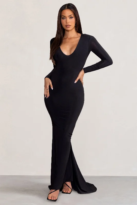 Ball Gown Women Dress with a Full Skirt for a Princess - like LookAdore | Black Long Sleeve Plunge Maxi Dress with Hood