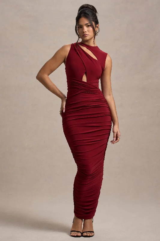 Sleeveless Women Dress in Bright Colors for Summer PartiesAire | Wine Cut-Out Ruched Maxi Dress