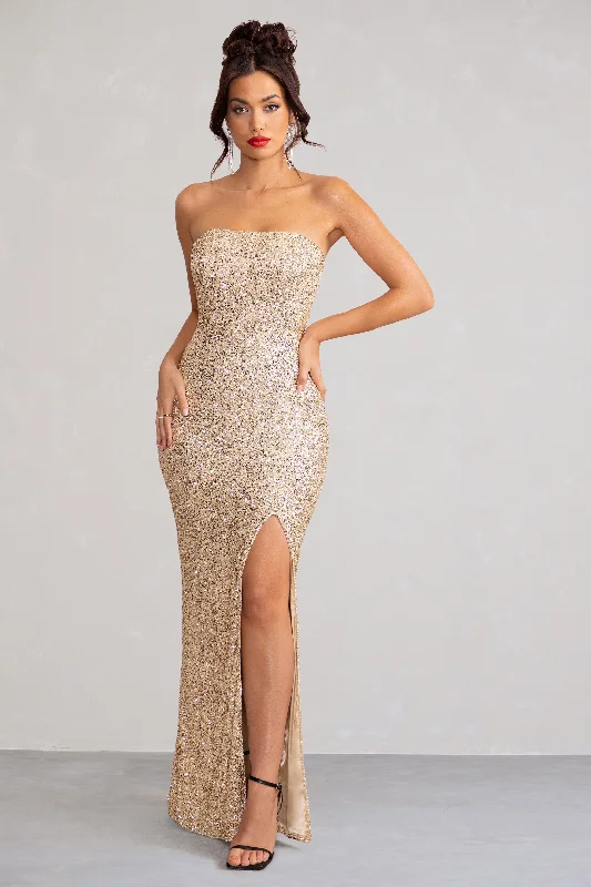 Strapless Women Dress with a Built - in Bra for Comfort and SupportAlmira | Champagne Sequin Bandeau Maxi Dress With Split Hem