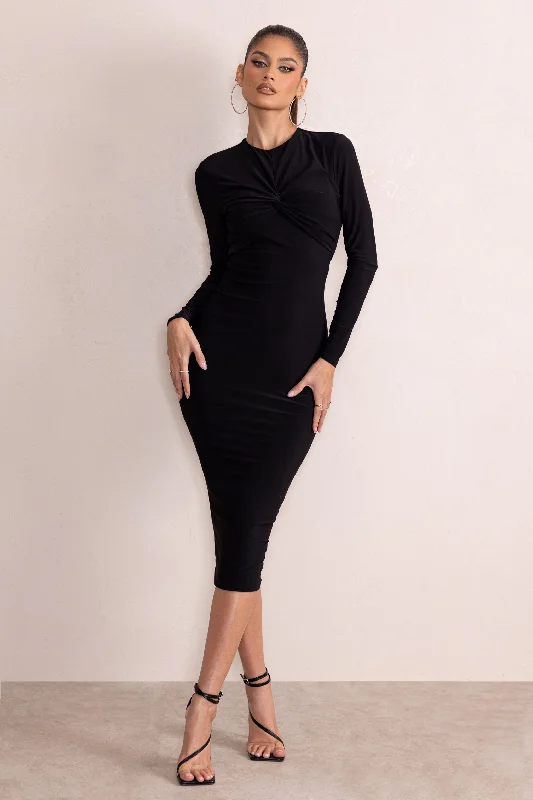 Sleeveless Women Dress in Bright Colors for Summer PartiesAnna | Black High Neck Twist Front Bodycon Midi Dress With Long Sleeves