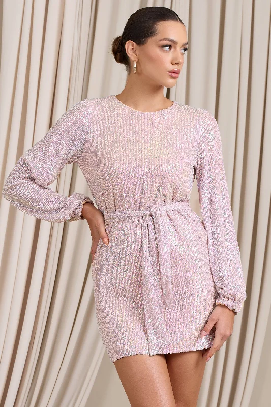 Printed Abstract Women Dress for a Modern and Artistic AppealAstrological | Nude Mix Sequin Long Sleeve Mini Dress With Belt Detail