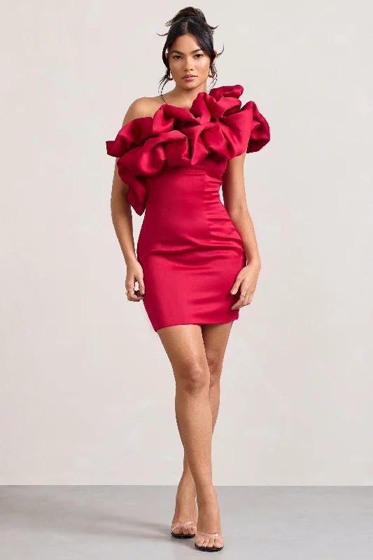 Lace - Embellished Women Dress for an Elegant and Sophisticated AppearanceAt The Opera | Red Satin One Shoulder Ruffled Mini Dress