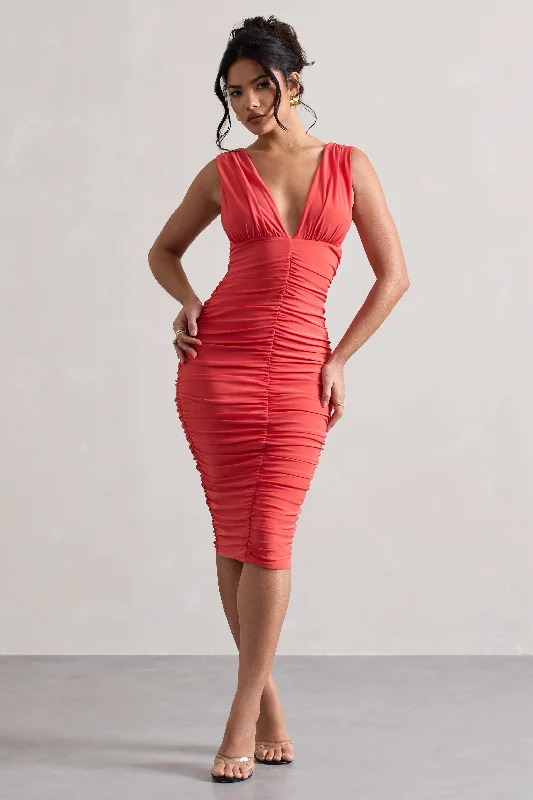 Strapless Women Dress with a Built - in Bra for Comfort and SupportAttract | Coral Ruched Plunge-Neck Midi Dress