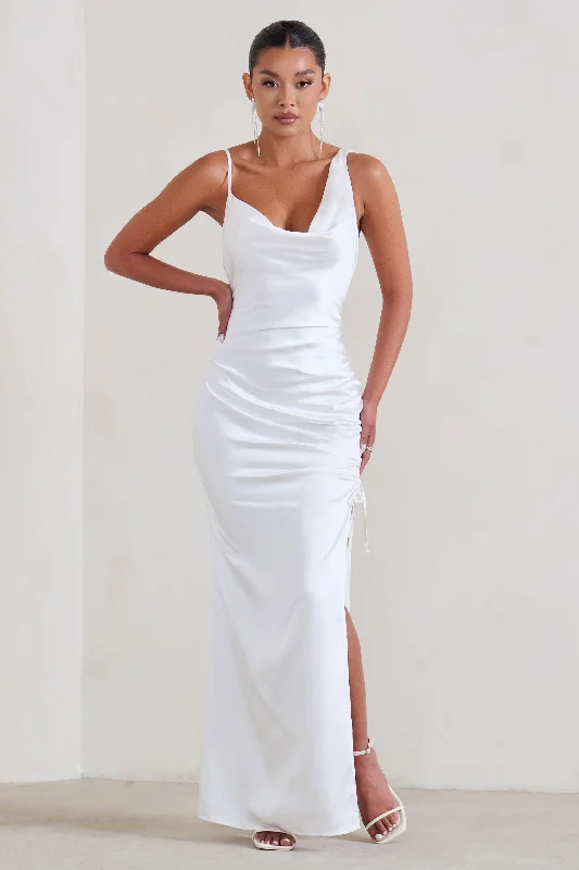 Strapless Women Dress with a Built - in Bra for Comfort and SupportBelonging | White Ruched Cowl Maxi Dress