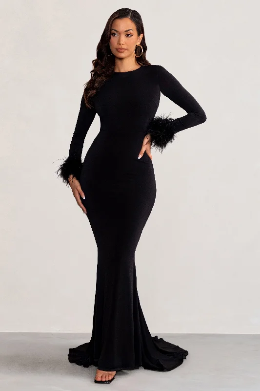 Mini Women Dress with a Short Hem for a Young and Trendy StyleBetty | Black High Neck Long Sleeve Maxi Dress with Feather Cuffs