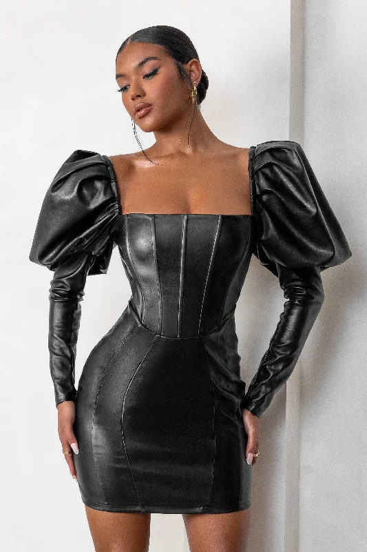 Mini Women Dress with a Short Hem for a Young and Trendy StyleKaryme | Black Faux Leather Puff Sleeve Mini Dress With Corset Detail