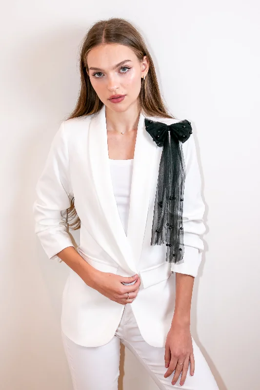 Women's Longline Linen Blazers in Pastel Colors for Summer EventsBlazer, Ruched White, Black Long Bow