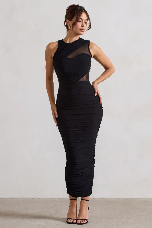 Backless Women Dress for a Sexy and Alluring Look at Evening EventsBorn With It | Black Sleeveless High-Neck Draped Maxi Dress With Mesh Inserts