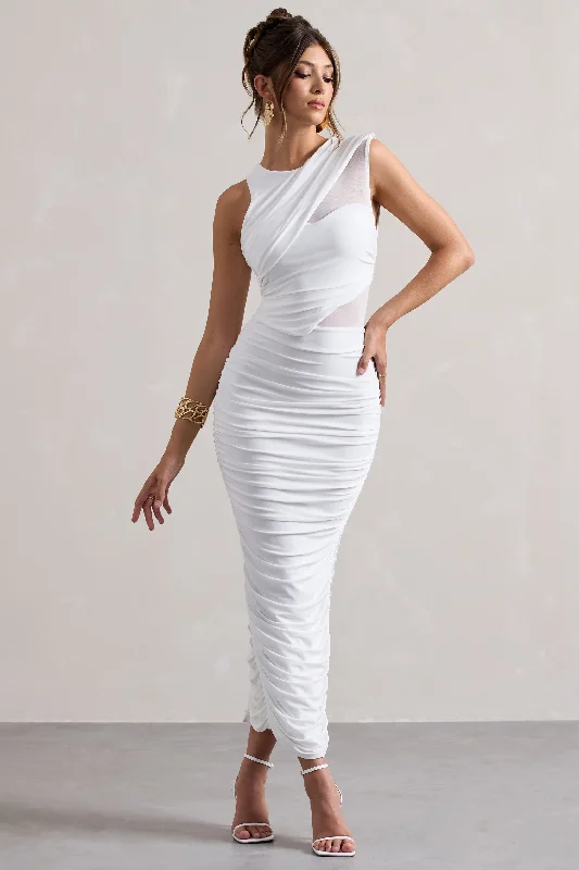 Mini Women Dress with a Short Hem for a Young and Trendy StyleBorn With It | White Sleeveless High-Neck Draped Maxi Dress With Mesh Inserts