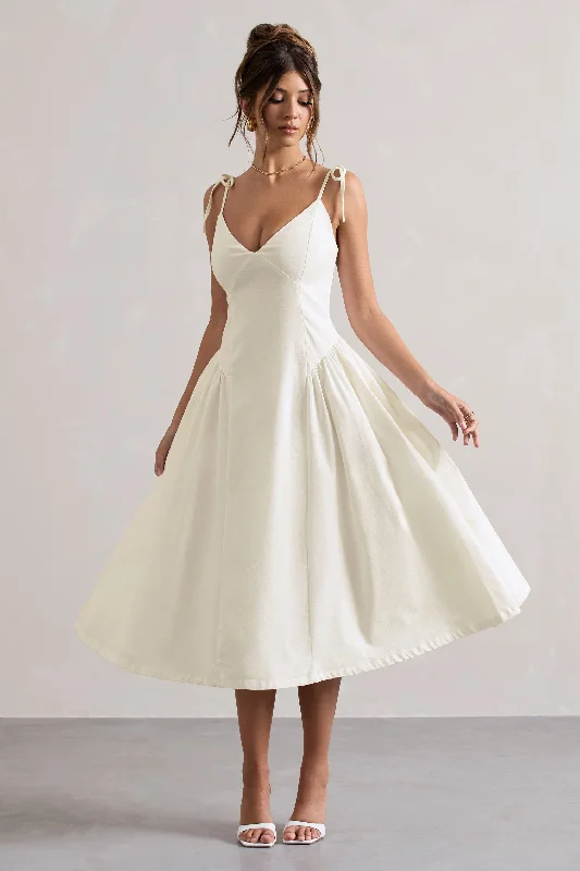 Strapless Women Dress with a Built - in Bra for Comfort and SupportBreathless | Cream Linen Strappy V-Neck Pleated Midi Dress