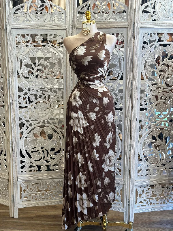 Mini Women Dress with a Short Hem for a Young and Trendy StyleBrown Floral Pleated One Sleeve Cutout Dress - No Estira, Not Stretchy