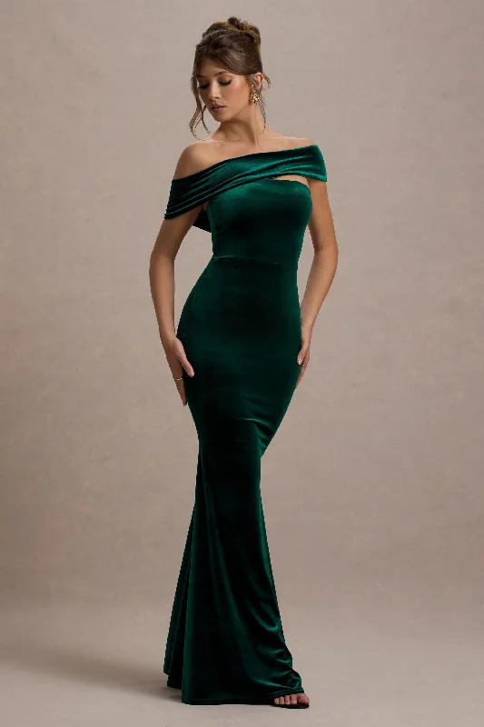 Mermaid - Style Women Dress with a Fitted Silhouette for Special OccasionsCandela | Bottle Green Velvet Asymmetric Bardot Maxi Dress