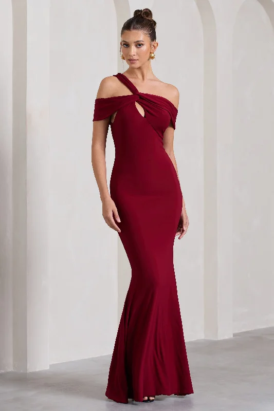 Pleated Women Dress with a Timeless and Elegant TextureCaptivating | Berry Red Strappy Asymmetric Cut-Out Maxi Dress