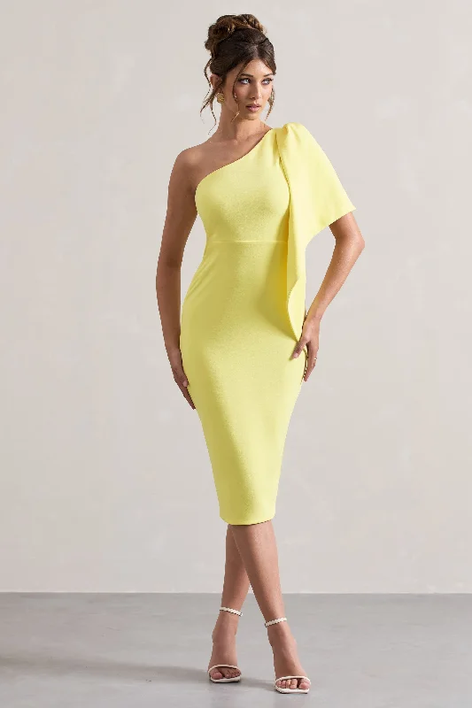 Sheath Women Dress with a Tailored Fit for a Professional LookCarlana | Lemon Asymmetric Midi Dress With Ruffled Drape