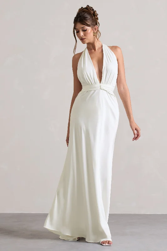 Wrap - Style Women Dress with Adjustable Fit for All Body TypesCarolyn | Ivory Satin Plunge Maxi Dress With Dipped Hem