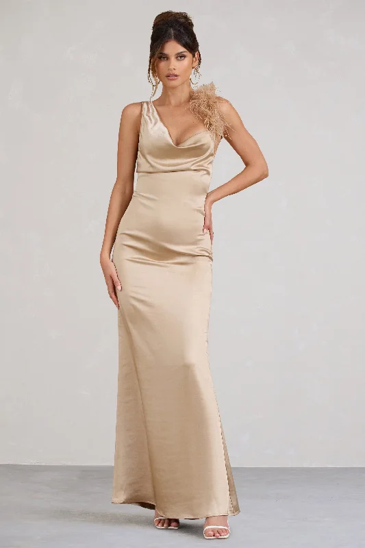 Plus Size Women Dress with a Flattering A - Line Cut for Comfort and StyleCherish Me | Gold Satin Asymmetric Cowl Maxi Dress With Feather Strap