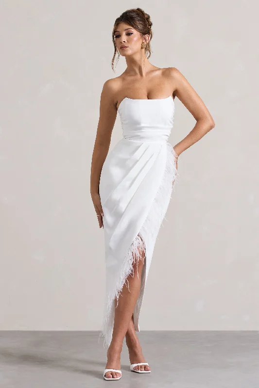 Ball Gown Women Dress with a Full Skirt for a Princess - like LookChosen | White Bandeau Wrap Maxi Dress With Feather Trim