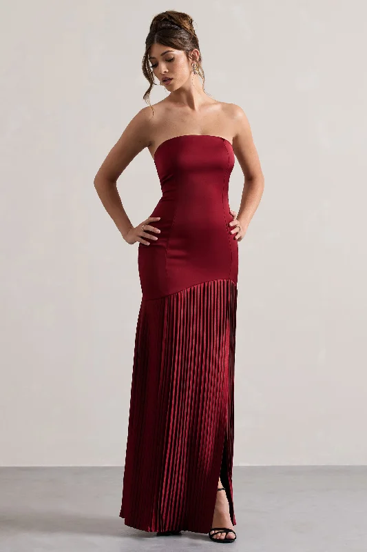 Mermaid - Style Women Dress with a Fitted Silhouette for Special OccasionsConfidence | Burgundy Satin Bandeau Pleated Split Maxi Dress