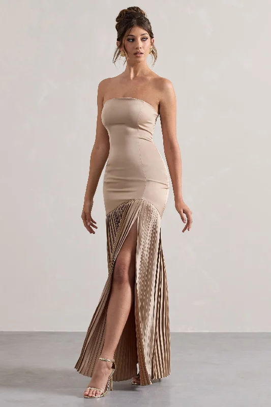 Mini Women Dress with a Short Hem for a Young and Trendy StyleConfidence | Champagne Satin Bandeau Pleated Split Maxi Dress