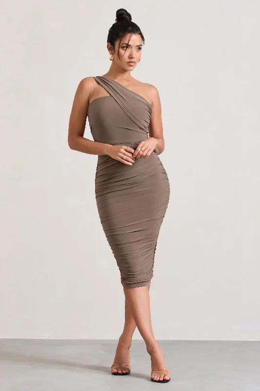 Wrap - Style Women Dress with Adjustable Fit for All Body TypesContour | Mocha One Shoulder Bodycon Midi Dress