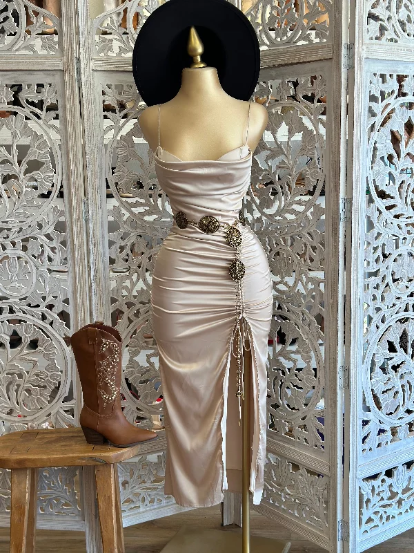 Pleated Women Dress with a Timeless and Elegant TextureSatin Cowl Champagne Dress