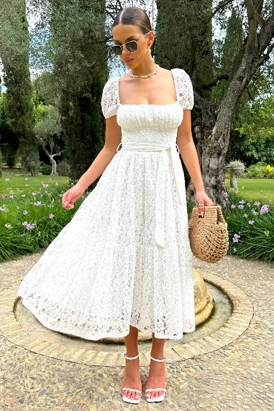 Ruffled Women Dress with Multiple Layers for a Playful and Girly StyleCorfu | White Lace Puff-Sleeve Belted Midi Dress