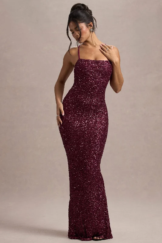 Halter Neck Women Dress to Show Off the Shoulders and NecklineCosmic | Berry Sequin Square-Neck Strappy Maxi Dress