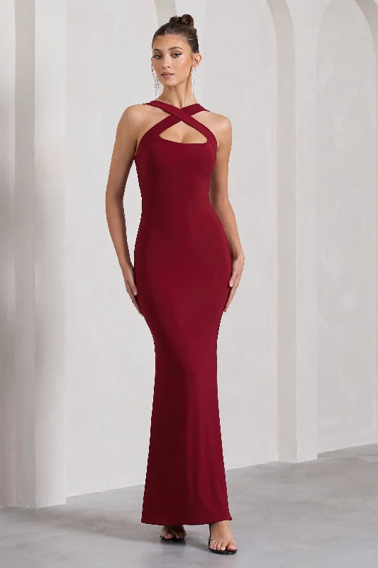 Empire Waist Women Dress to Accentuate the Bust and Conceal the WaistCross My Heart | Berry Red Sleeveless Cross-Neck Maxi Dress