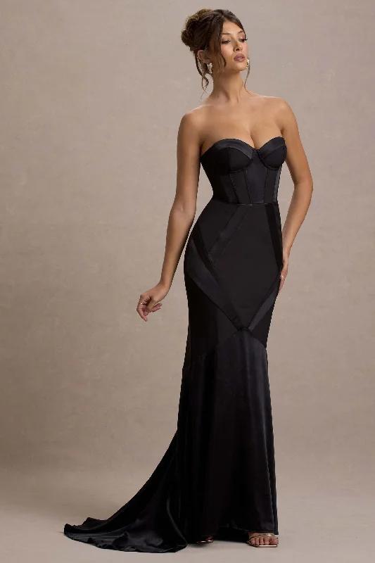 Pleated Women Dress with a Timeless and Elegant TextureCustom | Black Satin Sweetheart Corset Fishtail Maxi Dress