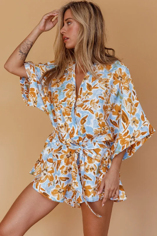 Lace - Embellished Women Dress for an Elegant and Sophisticated AppearanceDaytona Beach Button-Up Romper Floral Blue