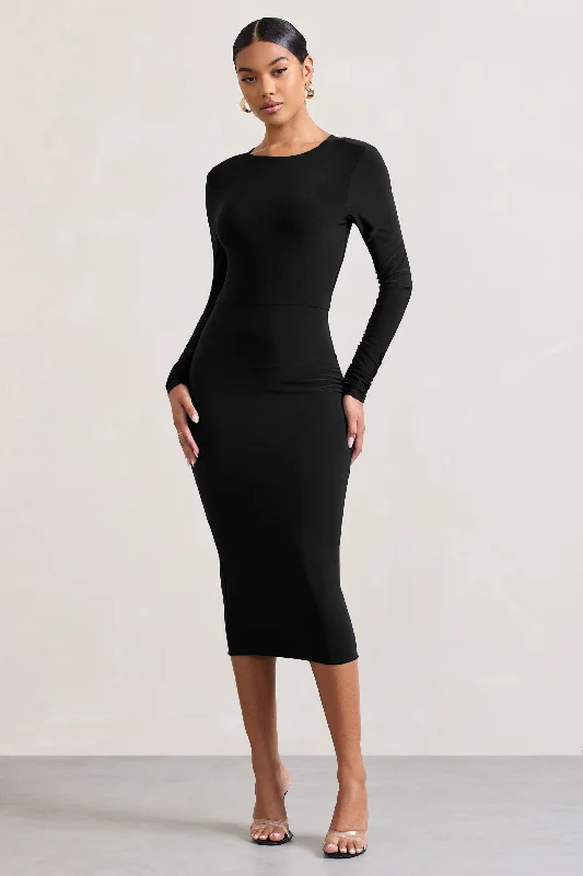 Sheath Women Dress with a Tailored Fit for a Professional LookDynasty Darling | Black Cowl-Back Long-Sleeved Bodycon Midi Dress