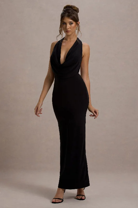 Halter Neck Women Dress to Show Off the Shoulders and NecklineEdessa | Black Plunge-Neck Maxi Dress