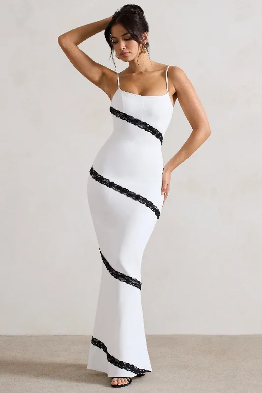 Plus Size Women Dress with a Flattering A - Line Cut for Comfort and StyleElizabeth | White & Black Strappy Lace-Trimmed Maxi Dress