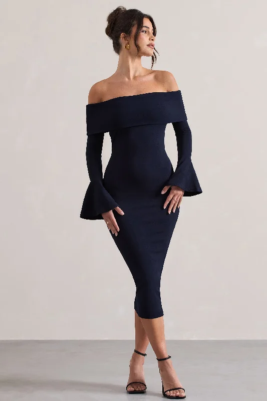 Strapless Women Dress with a Built - in Bra for Comfort and SupportEmma | Navy Bardot Flared-Sleeve Midi Dress