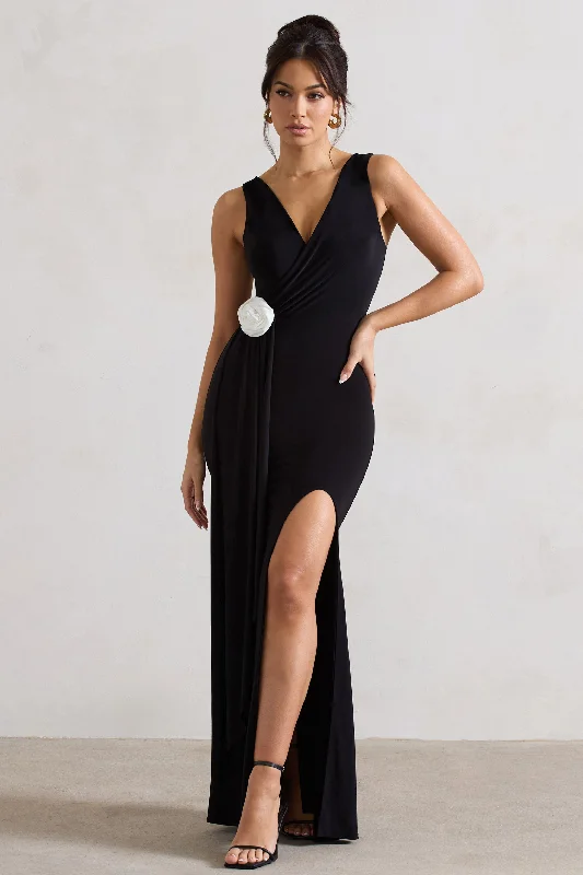 Shift Women Dress with a Simple and Classic Design for Everyday WearEndora | Black Split Maxi Dress With Corsage & Drape